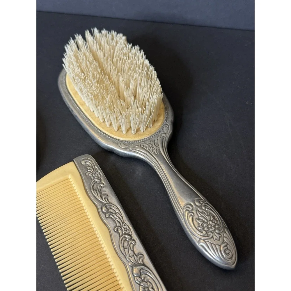 Vintage Vanity Set of 3 Repousse Floral Silver Tone Mirror, Brush & Comb EUC